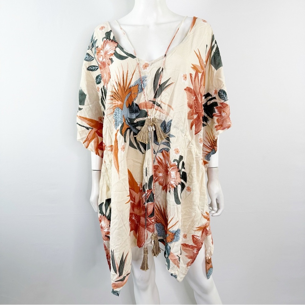 Z & L Europe Cream Floral Kaftan Swim Coverup Tunic Dress Size L Boho Tropical